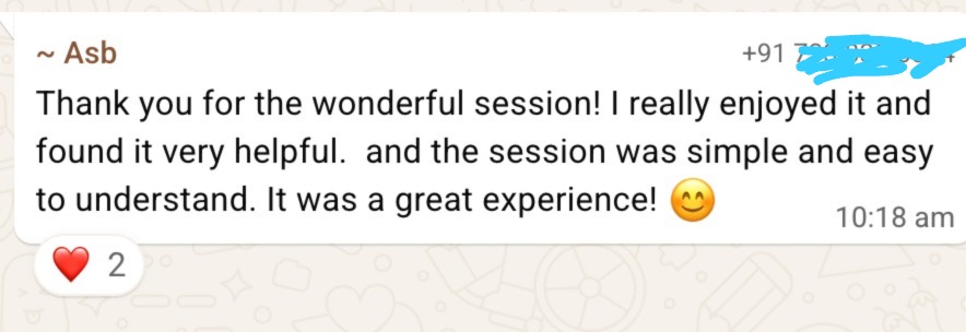 WhatsApp message thanking Vibil for the session