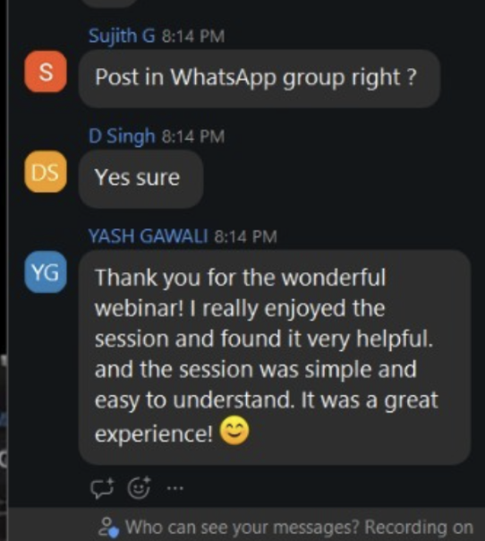 Live class chat message praising the webinar
